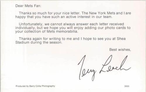 1989 Barry Colla New York Mets Postcards #3889 Terry Leach Back