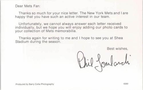 1989 Barry Colla New York Mets Postcards #4089 Phil Lombardi Back