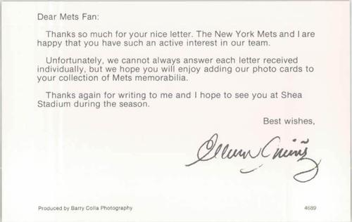 1989 Barry Colla New York Mets Postcards #4689 Edwin Nunez Back