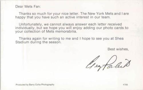 1989 Barry Colla New York Mets Postcards #4789 Greg Pavlick Back