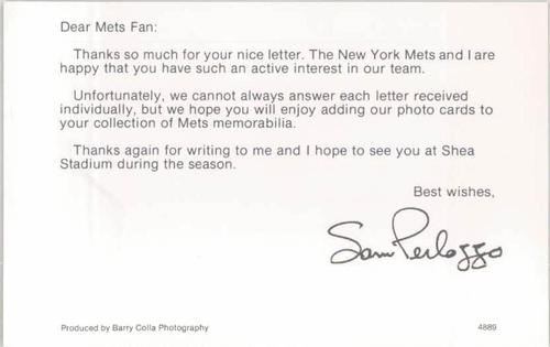 1989 Barry Colla New York Mets Postcards #4889 Sam Perlozzo Back