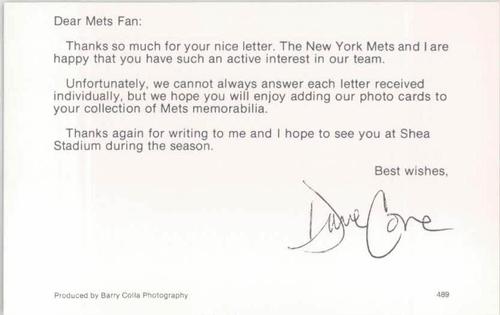 1989 Barry Colla New York Mets Postcards #489 David Cone Back