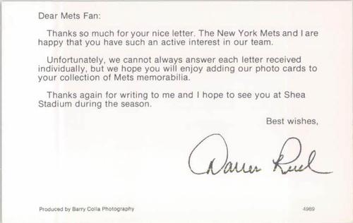 1989 Barry Colla New York Mets Postcards #4989 Darren Reed Back
