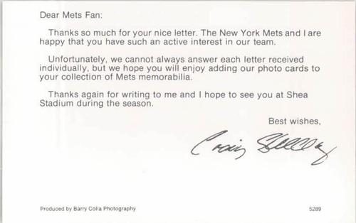 1989 Barry Colla New York Mets Postcards #5289 Craig Shipley Back