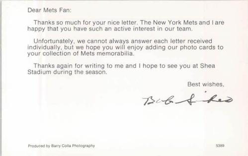 1989 Barry Colla New York Mets Postcards #5389 Bob Sikes Back