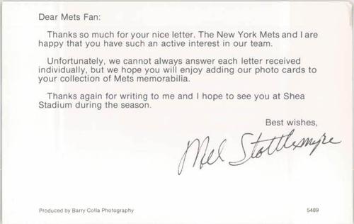 1989 Barry Colla New York Mets Postcards #5489 Mel Stottlemyre Back