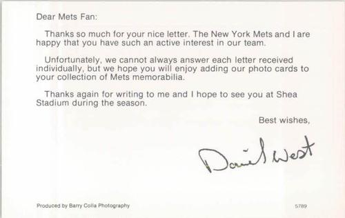1989 Barry Colla New York Mets Postcards #5789 David West Back