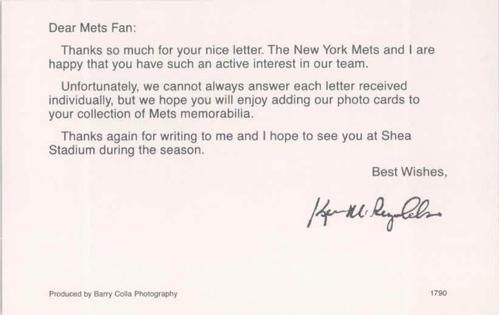 1990 Barry Colla New York Mets Postcards #1790 Kevin McReynolds Back