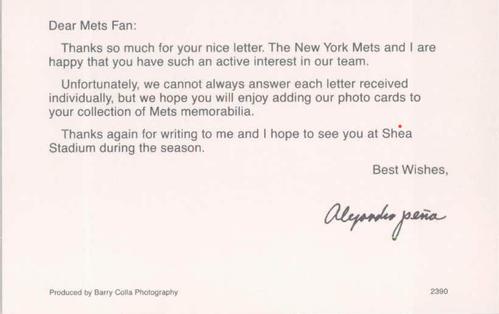 1990 Barry Colla New York Mets Postcards #2390 Alejandro Pena Back