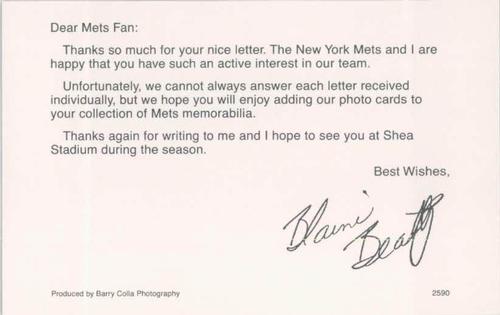 1990 Barry Colla New York Mets Postcards #2590 Blaine Beatty Back