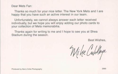 1990 Barry Colla New York Mets Postcards #2990 Mike Cubbage Back