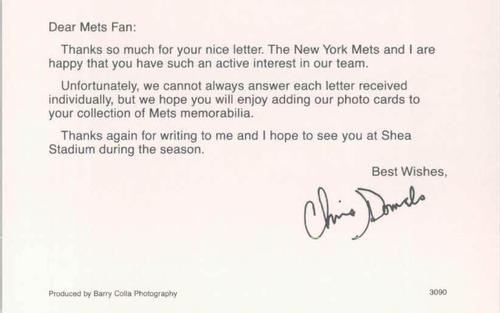 1990 Barry Colla New York Mets Postcards #3090 Chris Donnels Back