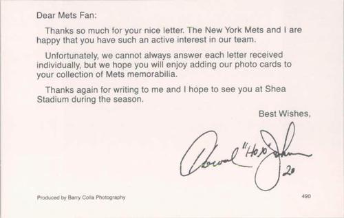 1990 Barry Colla New York Mets Postcards #490 Howard Johnson Back