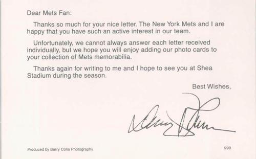 1990 Barry Colla New York Mets Postcards #990 Davey Johnson Back