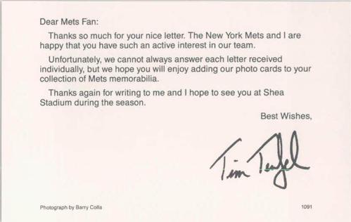 1991 Barry Colla New York Mets Postcards #1091 Tim Teufel Back