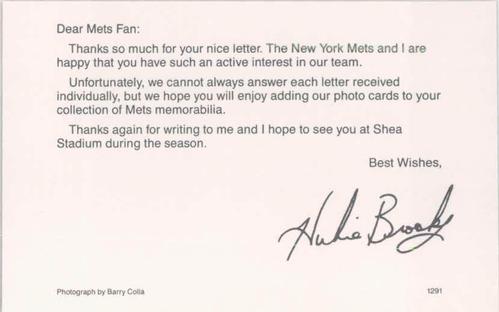 1991 Barry Colla New York Mets Postcards #1291 Hubie Brooks Back