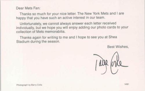 1991 Barry Colla New York Mets Postcards #1491 David Cone Back