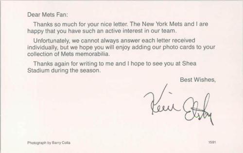 1991 Barry Colla New York Mets Postcards #1591 Kevin Elster Back