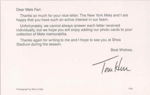 1991 Barry Colla New York Mets Postcards #1791 Tom Herr Back