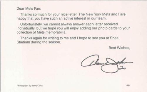 1991 Barry Colla New York Mets Postcards #1891 Howard Johnson Back
