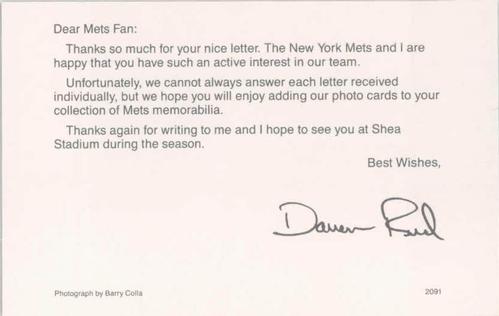 1991 Barry Colla New York Mets Postcards #2091 Darren Reed Back