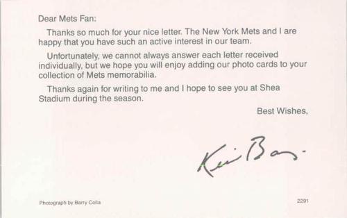 1991 Barry Colla New York Mets Postcards #2291 Kevin Baez Back