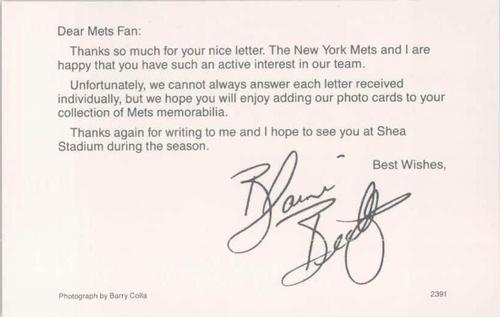 1991 Barry Colla New York Mets Postcards #2391 Blaine Beatty Back
