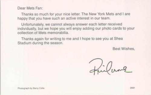 1991 Barry Colla New York Mets Postcards #2691 Rick Cerone Back