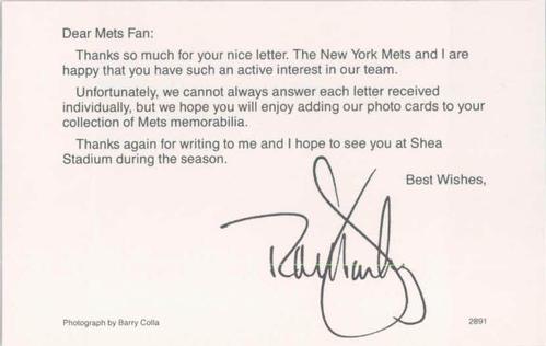 1991 Barry Colla New York Mets Postcards #2891 Ron Darling Back