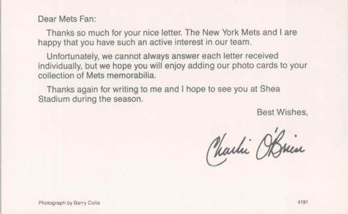 1991 Barry Colla New York Mets Postcards #4191 Charlie O'Brien Back