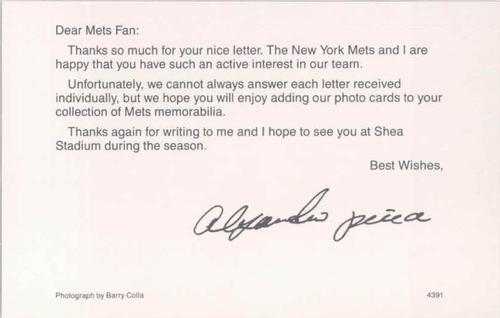 1991 Barry Colla New York Mets Postcards #4391 Alejandro Pena Back