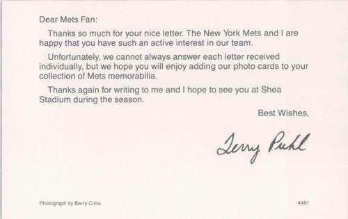1991 Barry Colla New York Mets Postcards #4491 Terry Puhl Back