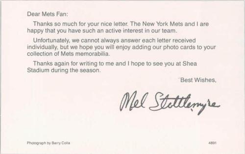 1991 Barry Colla New York Mets Postcards #4891 Mel Stottlemyre Back