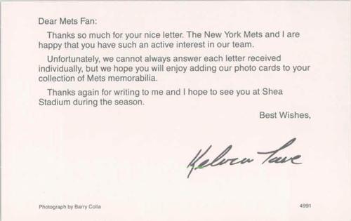 1991 Barry Colla New York Mets Postcards #4991 Kelvin Torve Back