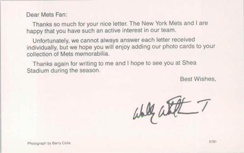 1991 Barry Colla New York Mets Postcards #5191 Wally Whitehurst Back