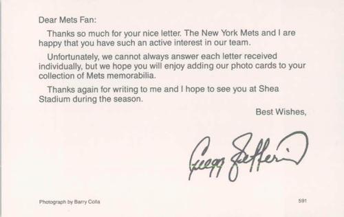 1991 Barry Colla New York Mets Postcards #591 Gregg Jefferies Back
