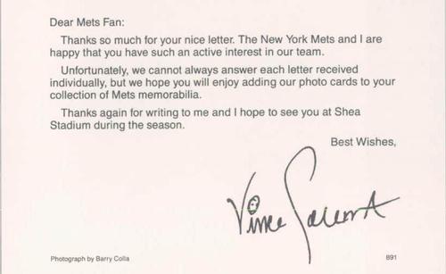 1991 Barry Colla New York Mets Postcards #891 Vince Coleman Back