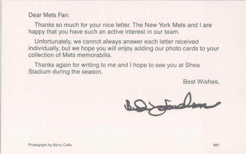 1991 Barry Colla New York Mets Postcards #991 Bud Harrelson Back