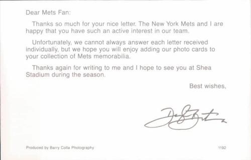 1992 Barry Colla New York Mets Postcards #1192 Daryl Boston Back