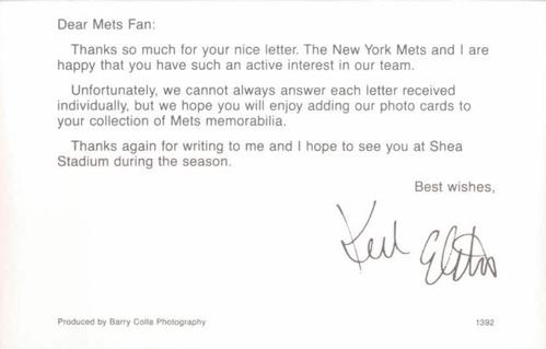 1992 Barry Colla New York Mets Postcards #1392 Kevin Elster Back