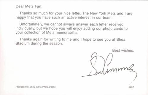 1992 Barry Colla New York Mets Postcards #1492 Sid Fernandez Back