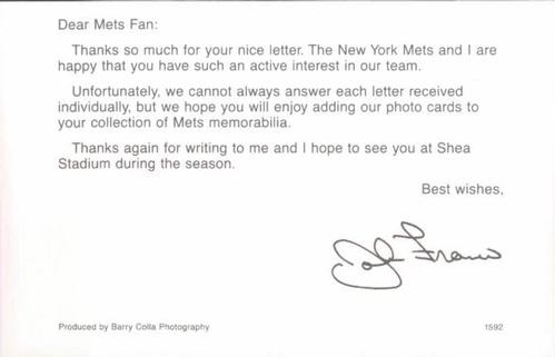 1992 Barry Colla New York Mets Postcards #1592 John Franco Back