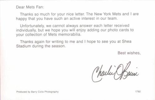 1992 Barry Colla New York Mets Postcards #1792 Charlie O'Brien Back