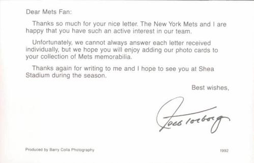 1992 Barry Colla New York Mets Postcards #1992 Jeff Torborg Back