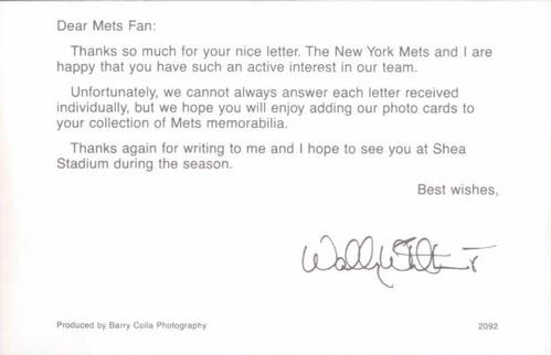 1992 Barry Colla New York Mets Postcards #2092 Wally Whitehurst Back