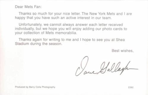 1992 Barry Colla New York Mets Postcards #2392 Dave Gallagher Back