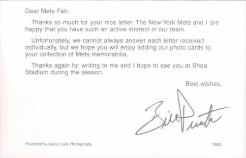 1992 Barry Colla New York Mets Postcards #2692 Bill Pecota Back