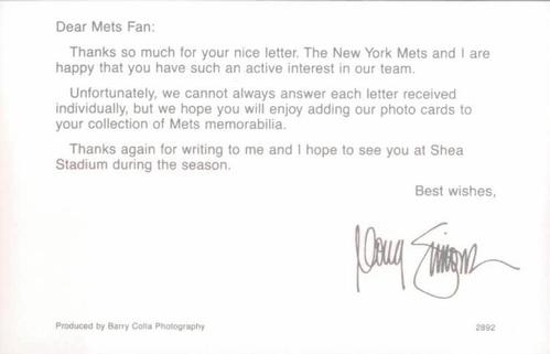 1992 Barry Colla New York Mets Postcards #2892 Doug Simons Back