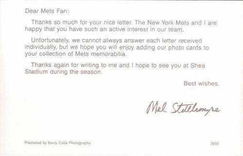 1992 Barry Colla New York Mets Postcards #2992 Mel Stottlemyre Back