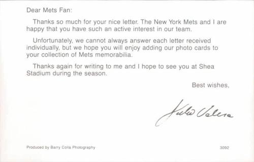 1992 Barry Colla New York Mets Postcards #3092 Julio Valera Back